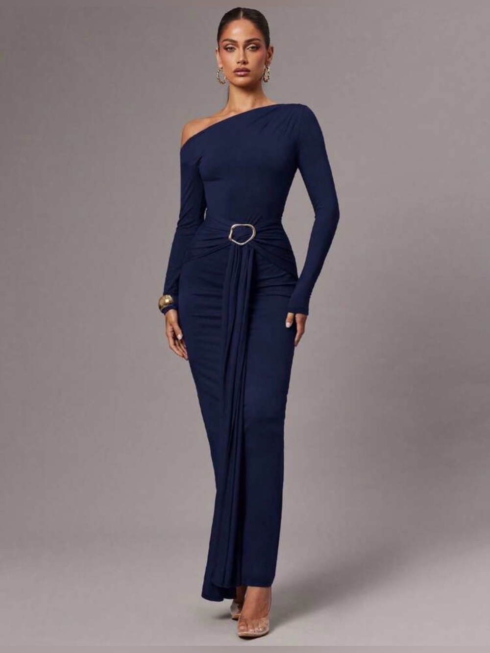 Navy Drape Front Maxi Dress with Gold Ring Detail